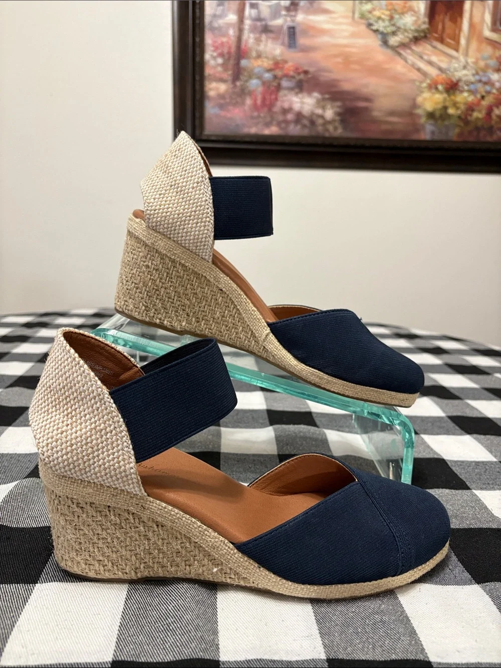 Tommy Bahama Amalia Ankle Strap Espadrille Navy Blue Beige Wedge Sandal 8